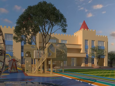 Yellow Castle Style Kindergarten School Building With Red Spire Playground Colorful Ground And Trees 3d model
