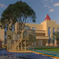 Yellow Castle Style Kindergarten School Building With Red Spire Playground Colorful Ground And Trees