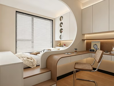 Modern Kids Room Interior with Curved Wall Bed Desk White Cabinets and Window Blinds 3d model