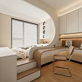 Modern Kids Room Interior with Curved Wall Bed Desk White Cabinets and Window Blinds