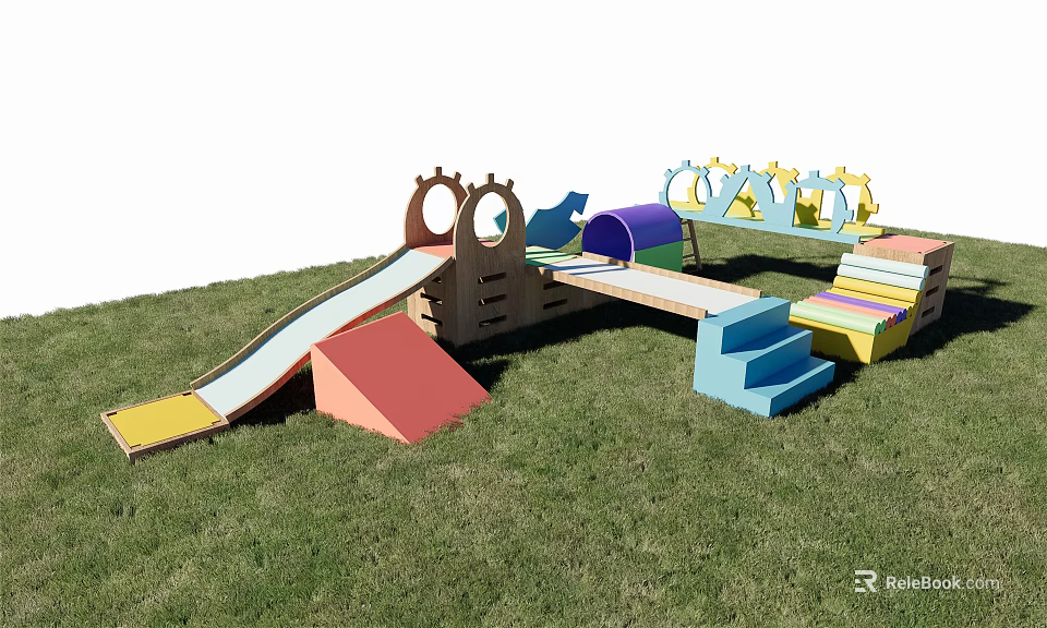 Colorful Outdoor Playground Equipment With Slide Steps Tunnel And Geometric Structures On Grass 3d model 