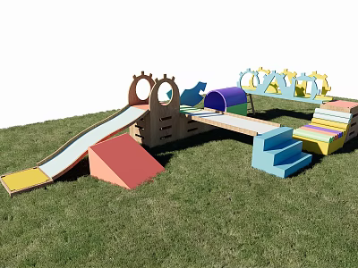 Colorful Outdoor Playground Equipment With Slide Steps Tunnel And Geometric Structures On Grass 3d model