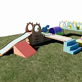 Colorful Outdoor Playground Equipment With Slide Steps Tunnel And Geometric Structures On Grass