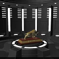 Modern Display Shelf Featuring Golden Bull Sculpture on Red Base with Gray Walls and Lighting