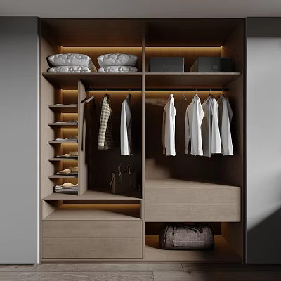 Modern Closet Interior Featuring Neatly Arranged Clothes And Warm Lighting 3d model