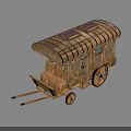 Vintage Wooden Carriage Featuring Decorative Roof Beams Spoked Wheels And Ornate Panels