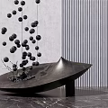 Abstract Black Sculpture Featuring Irregular Bowl Base Upward Spheres Gray Vertical Striped Wall Marble Floor