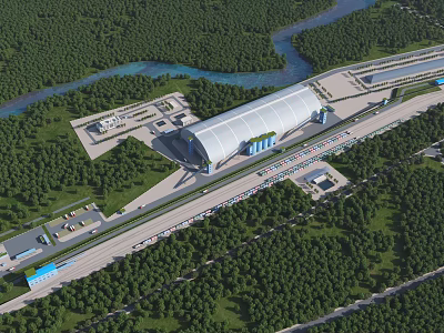 Aerial Planning View of Large Arched Building with River Roads Green Vegetation and Parking Areas 3d model
