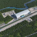 Aerial Planning View of Large Arched Building with River Roads Green Vegetation and Parking Areas