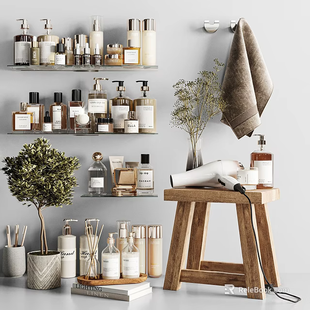 Stylish Bathroom Accessories Display With Shelves Towel Hair Dryer And Plant 3d model 