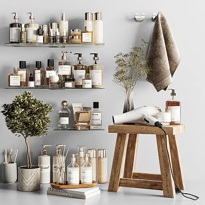 Stylish Bathroom Accessories Display With Shelves Towel Hair Dryer And Plant 3d model