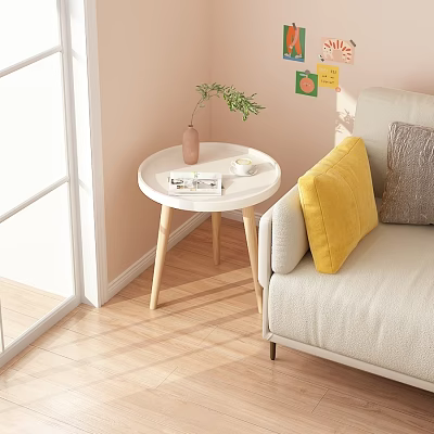 Modern Round Side Table With Vase Magazines By Light Pink Wall Sofa Wooden Floor 3d model