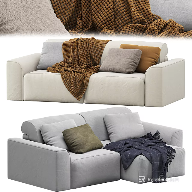 Cream And Light Gray Two Seater Sofa With Colorful Pillows And Soft Blankets 3d model 