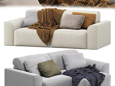 Cream And Light Gray Two Seater Sofa With Colorful Pillows And Soft Blankets 3d model