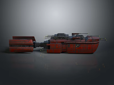 Red Cosmic Spaceship With Multiple Weapon Turrets And Armored Hull Structure 3d model