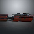 Red Cosmic Spaceship With Multiple Weapon Turrets And Armored Hull Structure