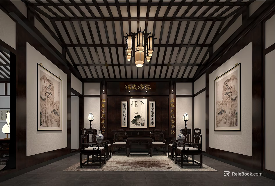 Chinese Traditional Reception Room With Wooden Ceiling Hanging Lanterns Wall Paintings And Central Plaque 3d model 