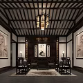 Chinese Traditional Reception Room With Wooden Ceiling Hanging Lanterns Wall Paintings And Central Plaque