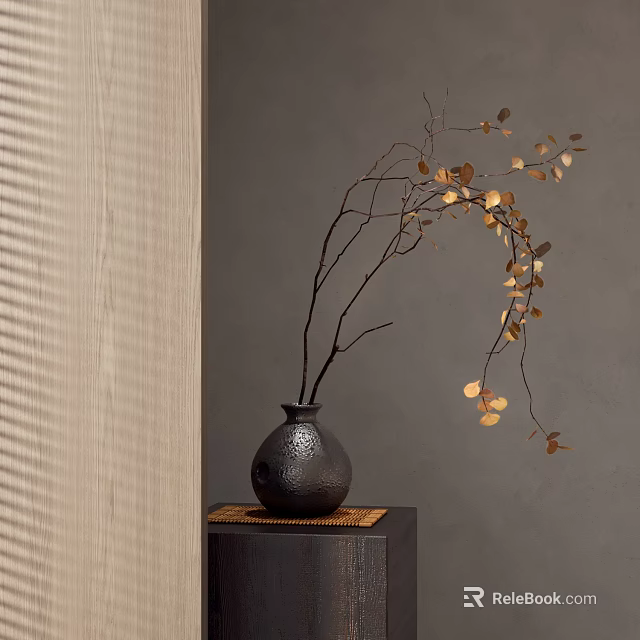 Black Textured Vase With Golden Leaf Branches On Square Wooden Stand Against Grey Wall 3d model 