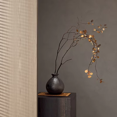 Black Textured Vase With Golden Leaf Branches On Square Wooden Stand Against Grey Wall 3d model