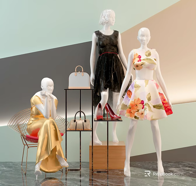 Fashion Mannequins Showcasing Golden Dress Black Gown And Floral Skirt With Handbags And Heels 3d model 