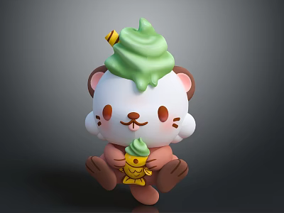 Cute Cartoon Small Animal Character With Green Cream Decoration Holding Yellow Fish 3d model