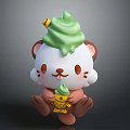 Cute Cartoon Small Animal Character With Green Cream Decoration Holding Yellow Fish