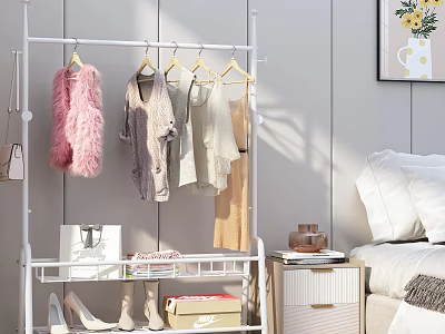 White Clothes Rack With Various Garments In Bedroom And Shoes On Shelf 3d model