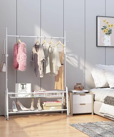 White Clothes Rack With Various Garments In Bedroom And Shoes On Shelf 3d model