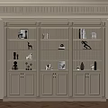 Elegant Beige Bookcase With Multiple Shelves Books Decorations Sculptures And Cabinet Doors