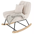 Beige Rocking Chair with Plush Cushion Striped Blanket Wooden Base and Black Metal Frame