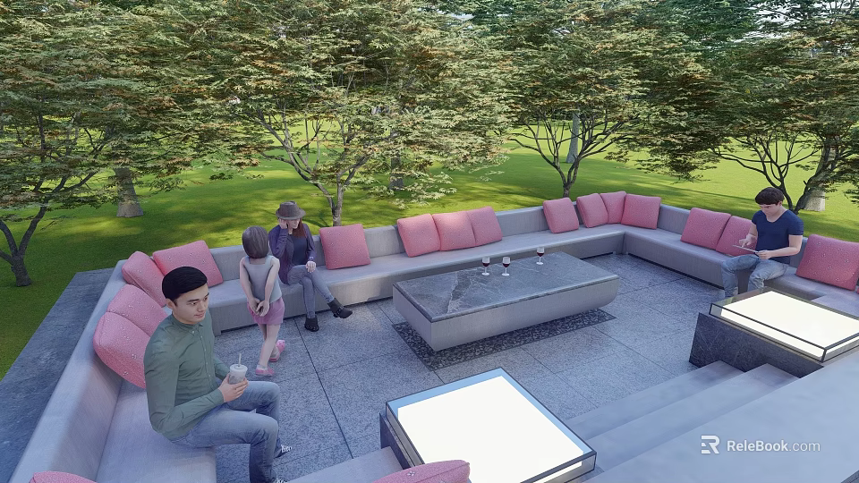 Comfortable Outdoor Sofa With Pink Cushions In Patio Area With Trees And Green Grass 3d model 
