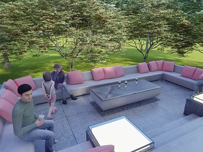 Comfortable Outdoor Sofa With Pink Cushions In Patio Area With Trees And Green Grass 3d model