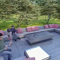 Comfortable Outdoor Sofa With Pink Cushions In Patio Area With Trees And Green Grass