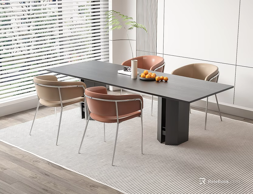 Modern Dining Table Set with Black Table Pink Beige Chairs Green Plant and Fruit Bowl 3d model 