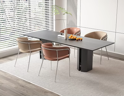 Modern Dining Table Set with Black Table Pink Beige Chairs Green Plant and Fruit Bowl 3d model