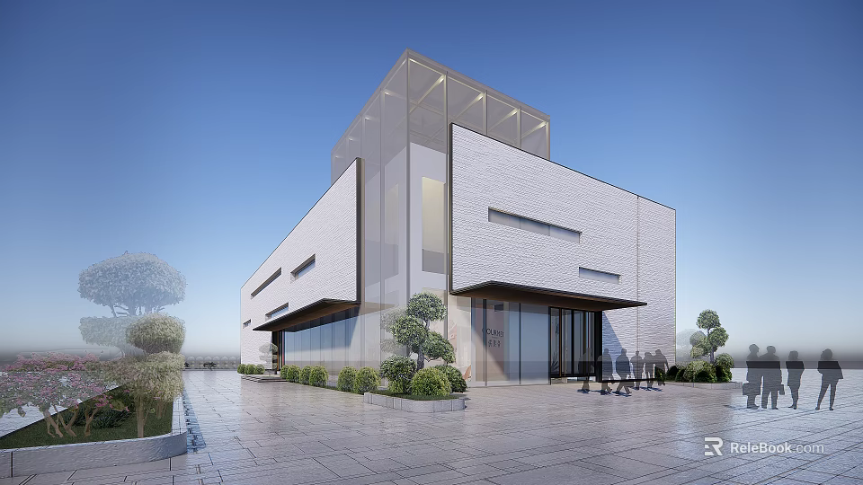 Modern Industrial Factory Exterior Design With Glass Elements Greenery And Spacious Entrance 3d model 
