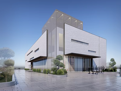 Modern Industrial Factory Exterior Design With Glass Elements Greenery And Spacious Entrance 3d model