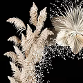 Golden Feather Like Flower Ornamental Decor Set With Small Particle Embellishments On Black Background