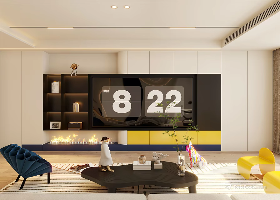 Modern Living Room Interior With Black White TV Wall Blue Yellow Armchairs And Fireplace 3d model 