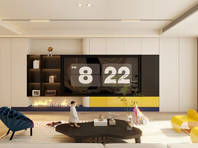 Modern Living Room Interior With Black White TV Wall Blue Yellow Armchairs And Fireplace 3d model
