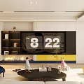Modern Living Room Interior With Black White TV Wall Blue Yellow Armchairs And Fireplace