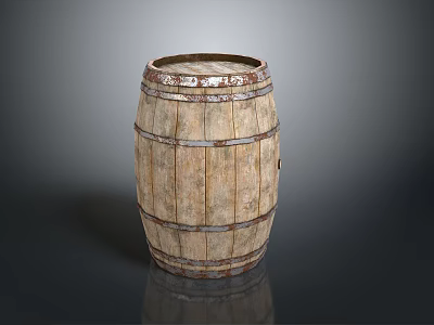 Rustic Wooden Barrel With Weathered Surface And Metal Hoops Structure 3d model