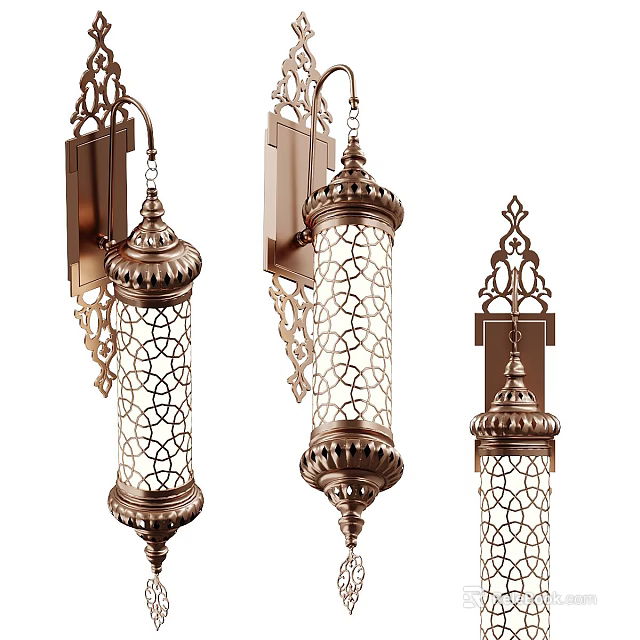 Vintage Brass Wall Lamps With Intricate Cutout Patterns And Ornate Scrollwork 3d model