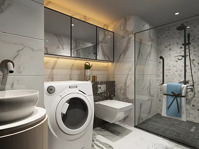 Modern Bathroom Interior With Marble Walls Glass Shower Toilet And Washing Machine 3d model