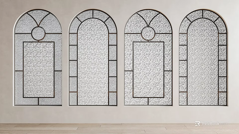 Modern Arched Floor To Ceiling Windows With Patterned Glass And Metal Frames Design 3d model 