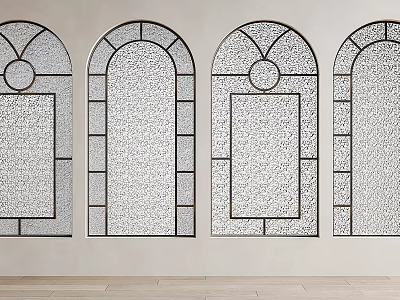 Modern Arched Floor To Ceiling Windows With Patterned Glass And Metal Frames Design 3d model