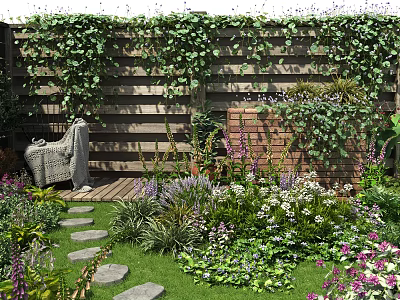 Beautiful Courtyard Garden with Wooden Fence Covered in Vines Stone Stepping Path Lush Lawn and Colorful Flowers 3d model