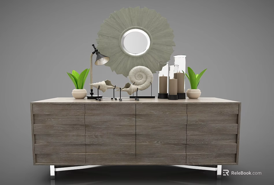 Modern Wooden TV Stand With Decorative Mirror Table Lamp And Potted Plants 3d model 