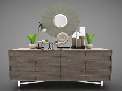 Modern Wooden TV Stand With Decorative Mirror Table Lamp And Potted Plants 3d model